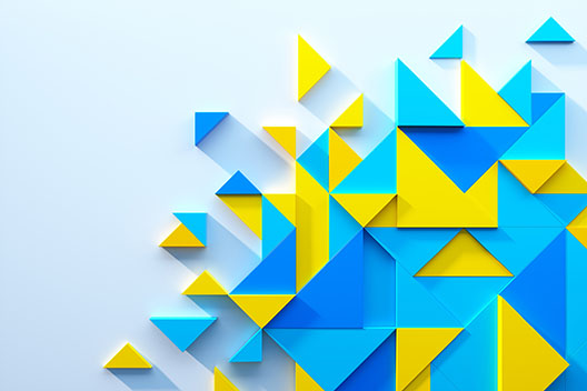Digital generated image of triangular pattern in blue and yellow colors on white background. Ukraine peace and support concept